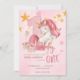 Convite Cute Pink Pastel Unicorn 1st Birthday Invitation
