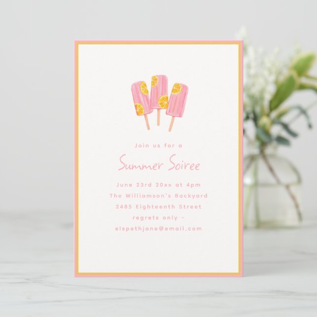 Convite Cute Pink Popsicle Lemon Summer Soiree Party (Em pé/Frente)