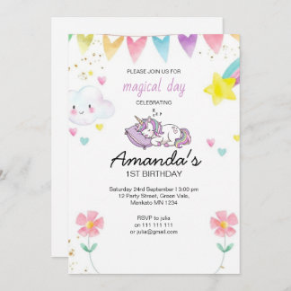 Convite Cute Pink Purple Unicorn Confetti Birthday Party