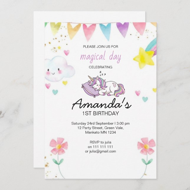 Convite Cute Pink Purple Unicorn Confetti Birthday Party (Frente/Verso)