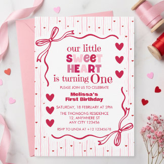 Convite Cute Pink Red Little Sweetheart First Birthday 