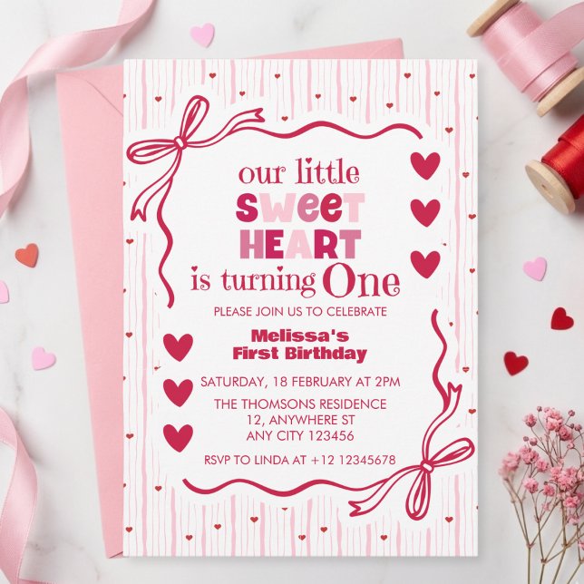 Convite Cute Pink Red Little Sweetheart First Birthday  (Criador carregado)