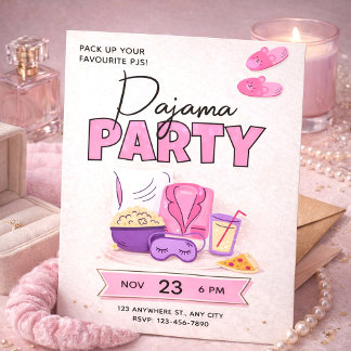 Convite Cute Pink Sleepover for Girls Pajama Party