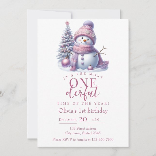 Convite Cute Pink Snowman Winter Birthday Invitation (Frente)