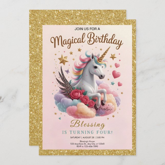 Convite Cute Pink Unicorn Birthday (Frente/Verso)