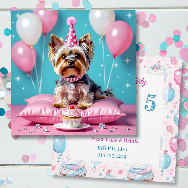 Convite Cute Pink Yorkie Girl's  Birthday Party (Criador carregado)