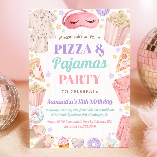 Convite Cute Pizza & Pajamas Slumber Party Girl Birthday (Cute Pizza & Pajamas Slumber Party Girl Birthday Invitation)