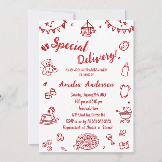 Convite Cute Pizza Special Delivery Doodle Baby Shower (Frente)