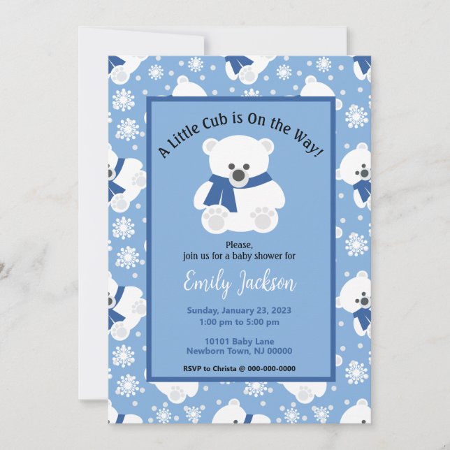 Convite Cute Polar Bear and Snowflakes Baby Shower (Frente)