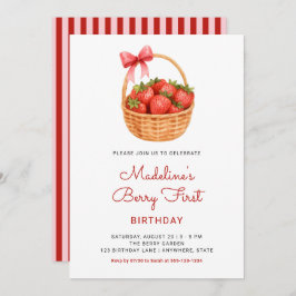 Convite Cute Preppy Berry First Strawberry Birthday