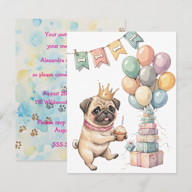 Convite Cute Pug Digital Download Party Invitation (Frente/Verso)