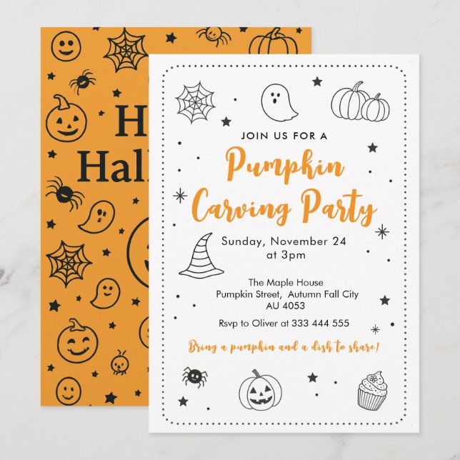 Convite Cute Pumpkin Carving Party Halloween Doodles (Frente/Verso)