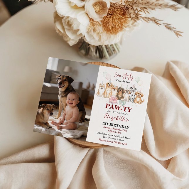 Convite Cute Puppy Dog Boy 1st Birthday | Pawty Time First (Cute Puppy Dog Boy 1st Birthday | Pawty Time First Invitation)