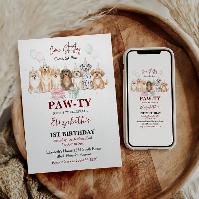 Convite Cute Puppy Dog Boy 1st Birthday | Pawty Time First (Cute Puppy Dog Boy 1st Birthday | Pawty Time First Invitation)