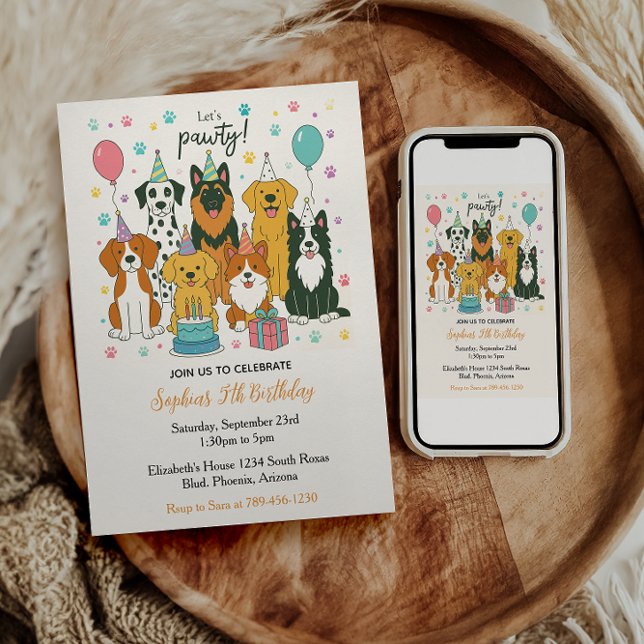 Convite Cute Puppy Dogs Boy 5th Birthday Party (Cute Puppy Dogs Boy 5th Birthday Party Invitation)