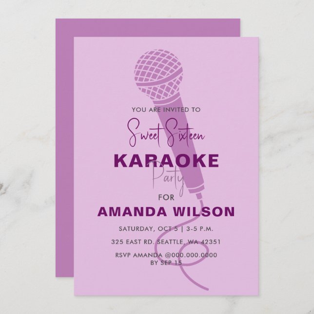 Convite Cute Purple Sweet 16 Birthday Karaoke Party (Frente/Verso)