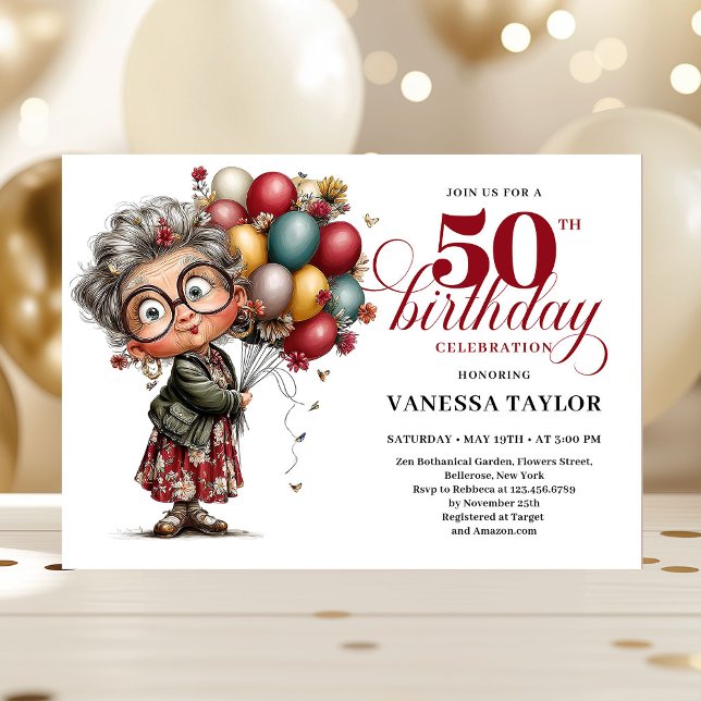 Convite Cute quirky lady turning 50 humorous birthday card (Cute quirky lady turning 50 humorous birthday card)
