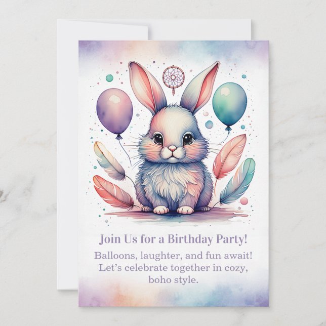 Convite Cute Rabbit Birthday Invitation Woodland Boho  (Frente)