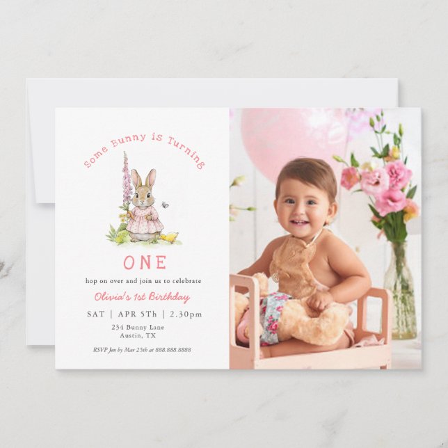 Convite Cute Rabbit Pink Baby Girl 1st birthday Photo (Frente)