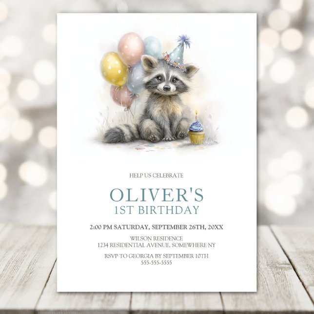 Convite Cute Raccoon 1st Birthday Party Invitation (Criador carregado)
