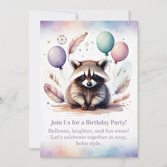 Convite Cute Raccoon Birthday Invitation Woodland Boho  (Frente)