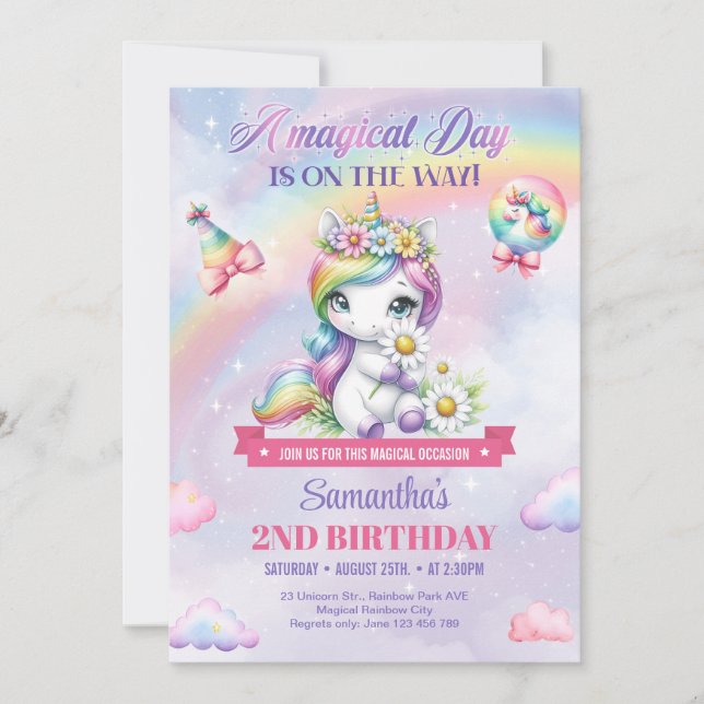 Convite Cute Rainbow Unicorn com segundo aniversário de fl (Frente)