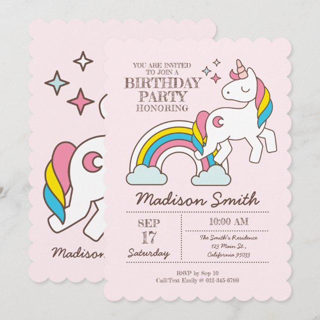Convite Cute Rainbow Unicorn Incita Aniversário (Frente/Verso)