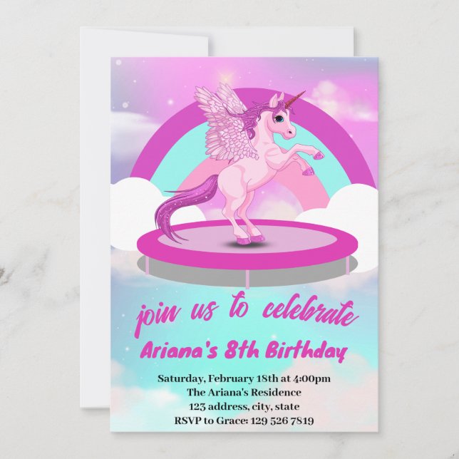 Convite Cute Rainbow Unicorn Trampoline Birthday Invitati (Frente)