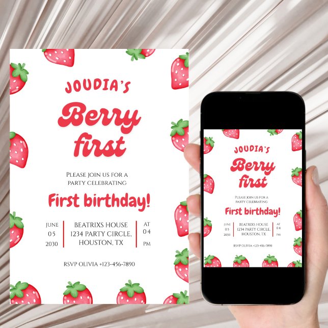 Convite Cute Red Berry First Birthday Watercolor  (Criador carregado)