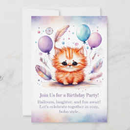 Convite Cute Red Kitten Birthday Invitation Pastel Boho 