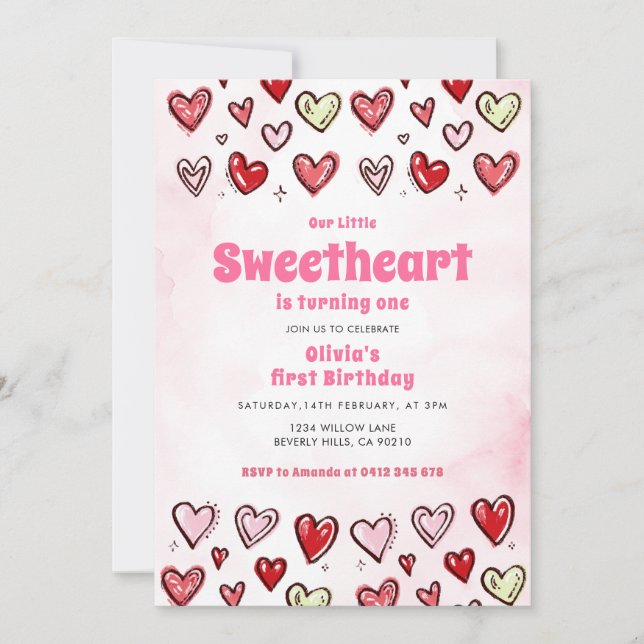 Convite Cute Red Pink Hearths Valentine 1st Birthday  (Frente)