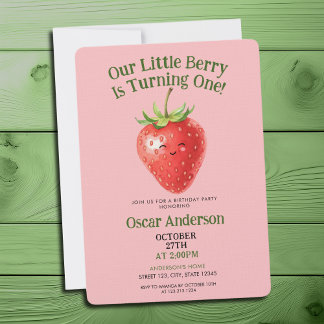 Convite Cute Red Watercolor Strawberry First Birthday
