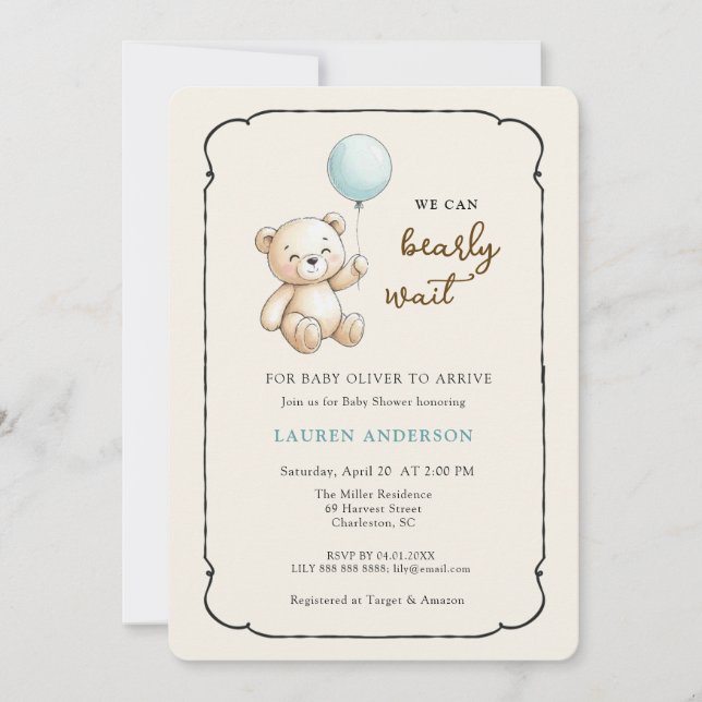 Convite Cute Retro Teddy Bear, Boy Baby shower (Frente)