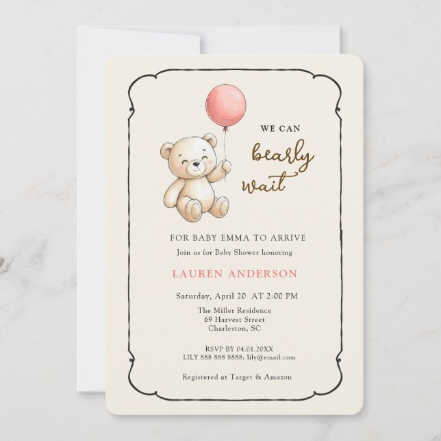 Convite Cute Retro Teddy Bear, Girl Baby shower (Frente)