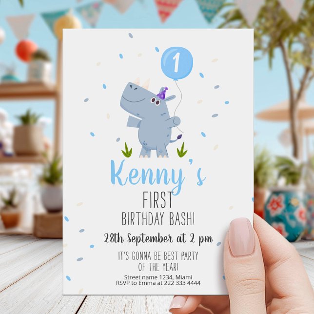 Convite Cute Rhino First Birthday Party Card (Criador carregado)