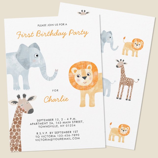Convite Cute Safari Animal Primeiro primeiro aniversario (Fun baby safari animal themed first birthday party invitations with lion giraffe and elephant. )
