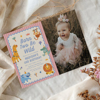 Convite Cute Safari Animals Girl 2nd Birthday Photo
