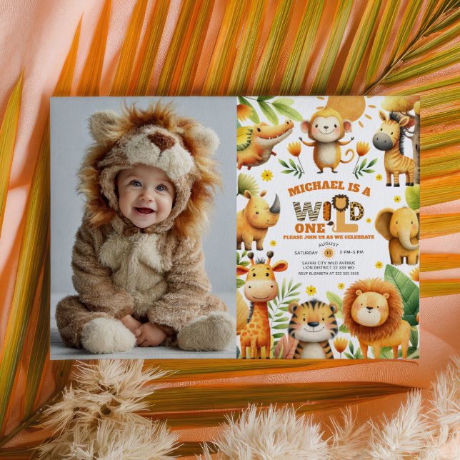 Convite Cute Safari Animals WILD ONE 1st Birthday Photo  (Criador carregado)