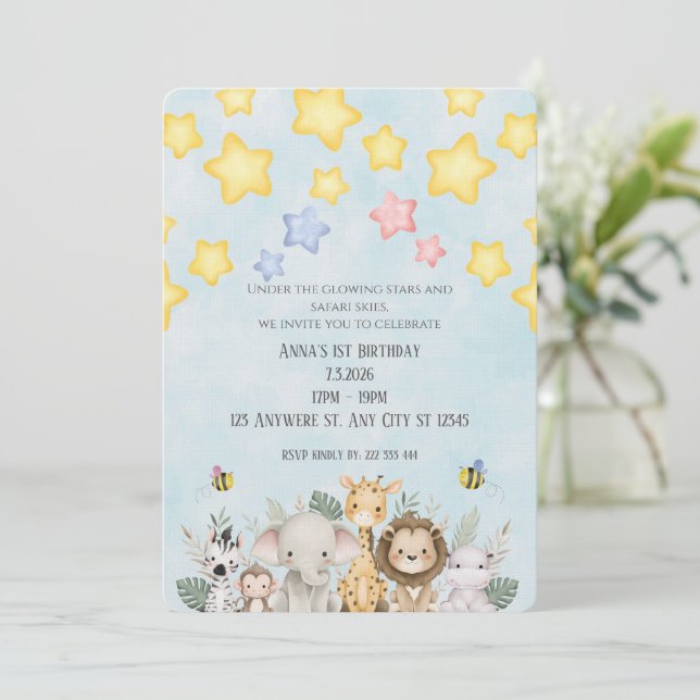 Convite Cute Safari Baby Animals Birthday Invitation (Em pé/Frente)