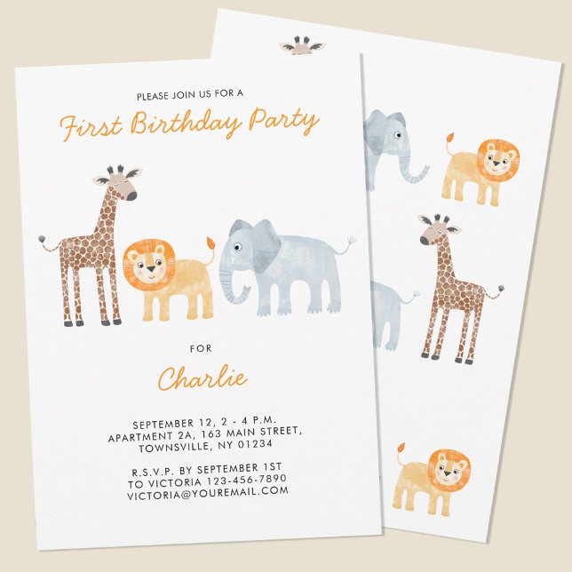 Convite Cute Safari — Primeira Festa de aniversário (Fun baby safari animal themed first birthday party invitation with custom text)