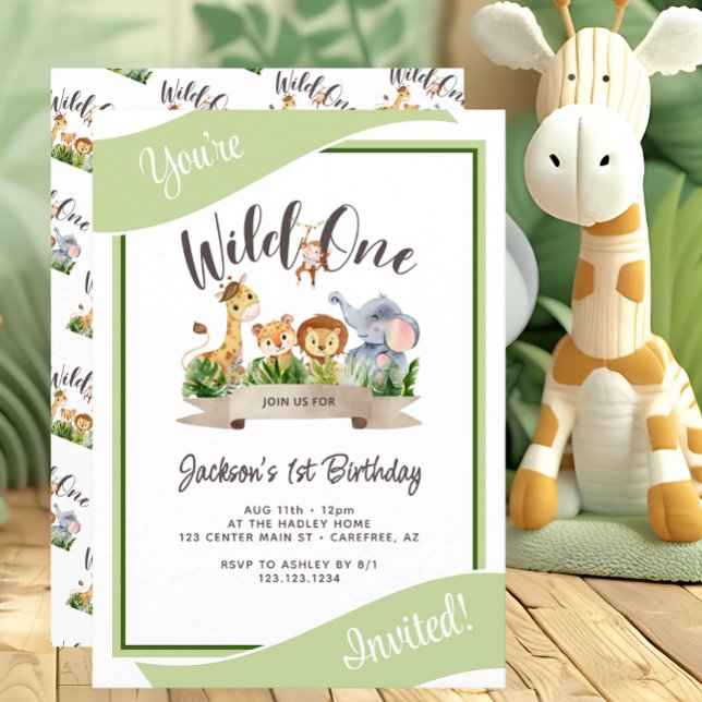 Convite Cute Safari Wild One Green Birthday (Criador carregado)