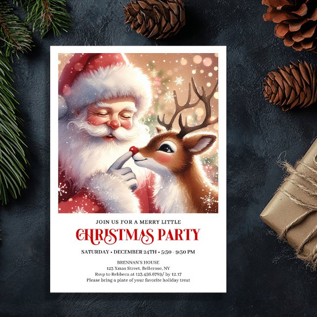 Convite Cute Santa and Rudolph Christmas Family Fun Party  (Cute Santa and Rudolph Christmas Family Fun Party Invitation

)
