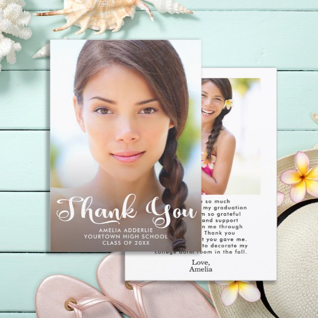 Convite Cute Script Graduação 2 Foto Obrigado  (2-sided, 2-photo graduation "Thank you" card)