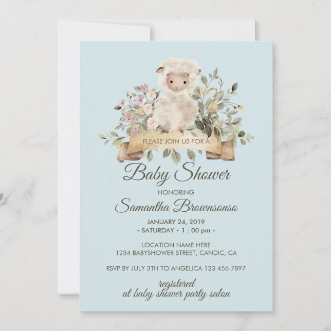 Convite Cute Sheep Lamb Botanical Blue Baby Shower (Frente)