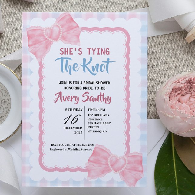 Convite Cute She's Tying the Knot Pink Blue Bridal Shower (she's tying the knot minimalist pink bow bow bridal shower chic feminine typography whimsical simple)