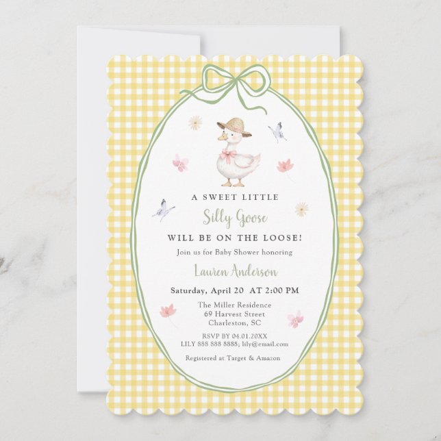 Convite Cute Silly Goose Amarelo xadrez Baby shower  (Frente)