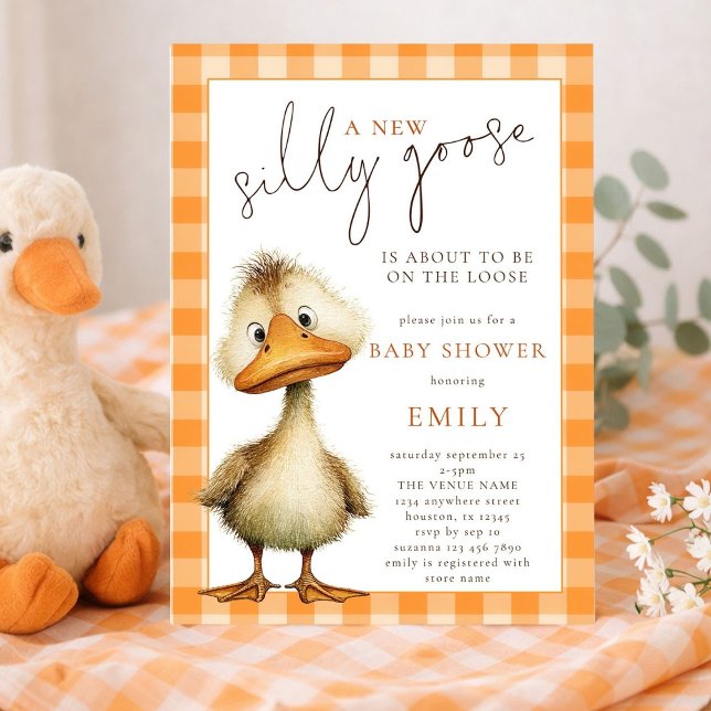 Convite Cute Silly Goose Orange Gingham Baby Shower (Criador carregado)