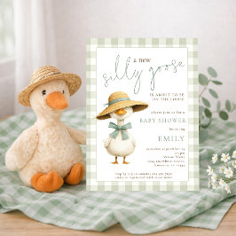 Convite Cute Silly Goose Sage Gingham Baby Shower