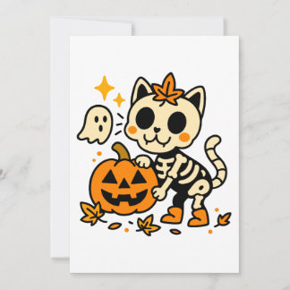 Convite Cute Skeleton Cat with Pumpkin Invitation