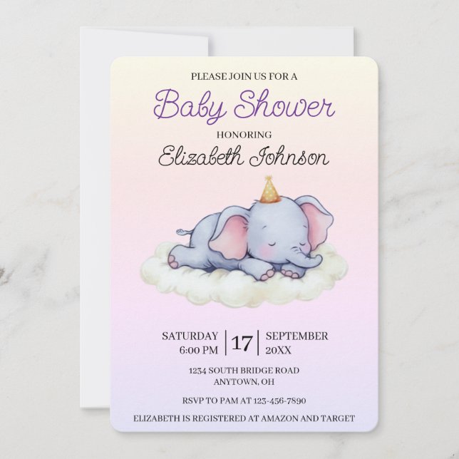 Convite Cute Sleeping Elephant Baby Shower Invitation (Frente)